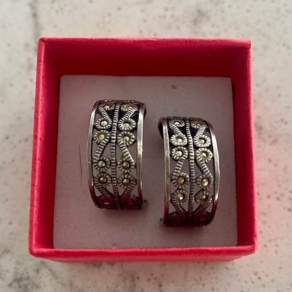 Intricate Floral Sterling Silver Hoop Earrings